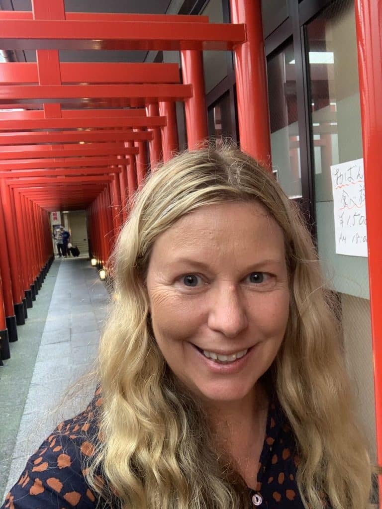 Row of red torii-like gates in Fushimi that look like ones at the famous Fushimi Inari shrine