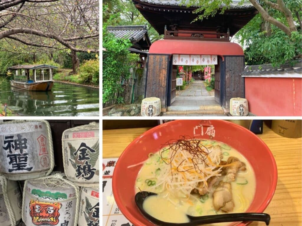 Composite image showing different things you can do in the Fushimi area of Kyoto - sake barrels, shrine, boat trip and sake ramen