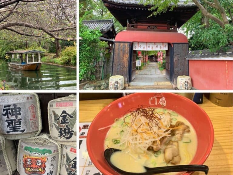Composite image showing different things you can do in the Fushimi area of Kyoto - sake barrels, shrine, boat trip and sake ramen