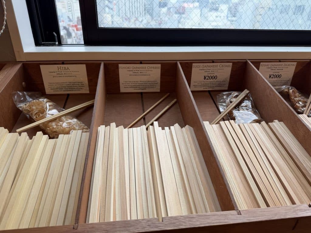 Rows of sticks ready to be made into chopsticks at the workshop in Asakusa