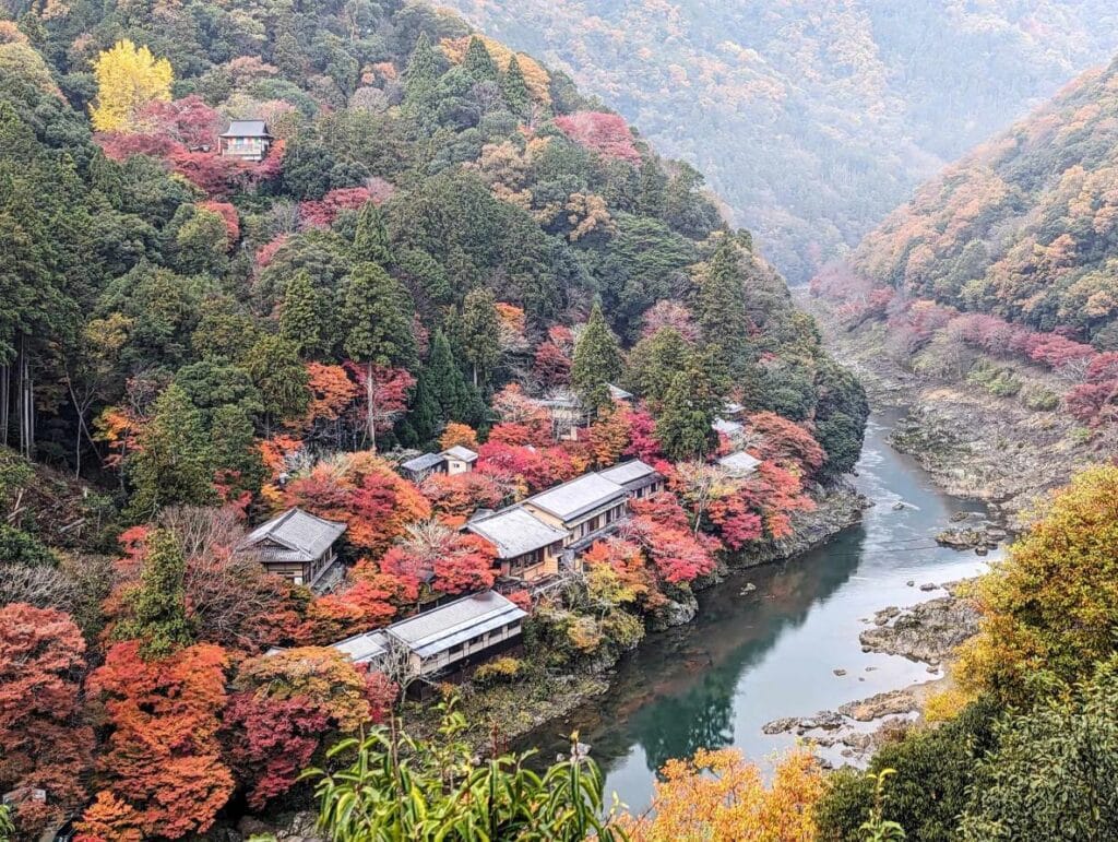 View from the observation deck in Kyoto looking down into the Hozugawa river