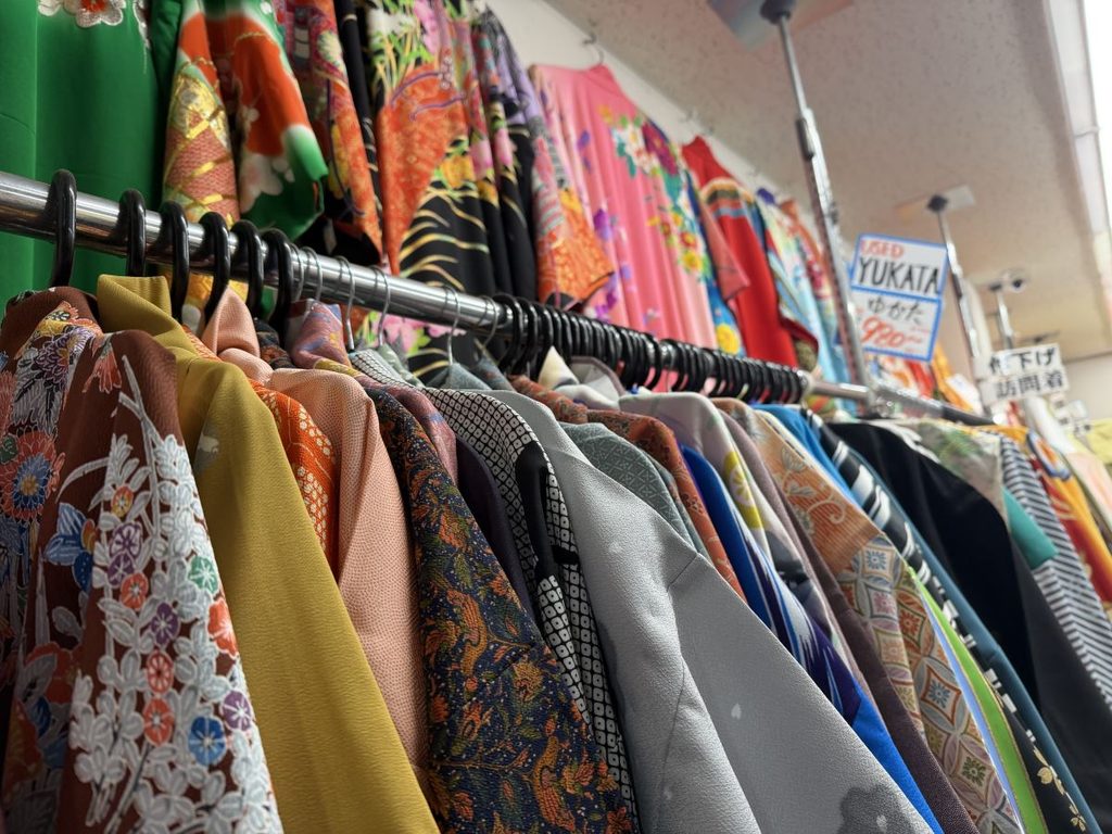 Row of second hand kimono and yukata for sale in Nagoya