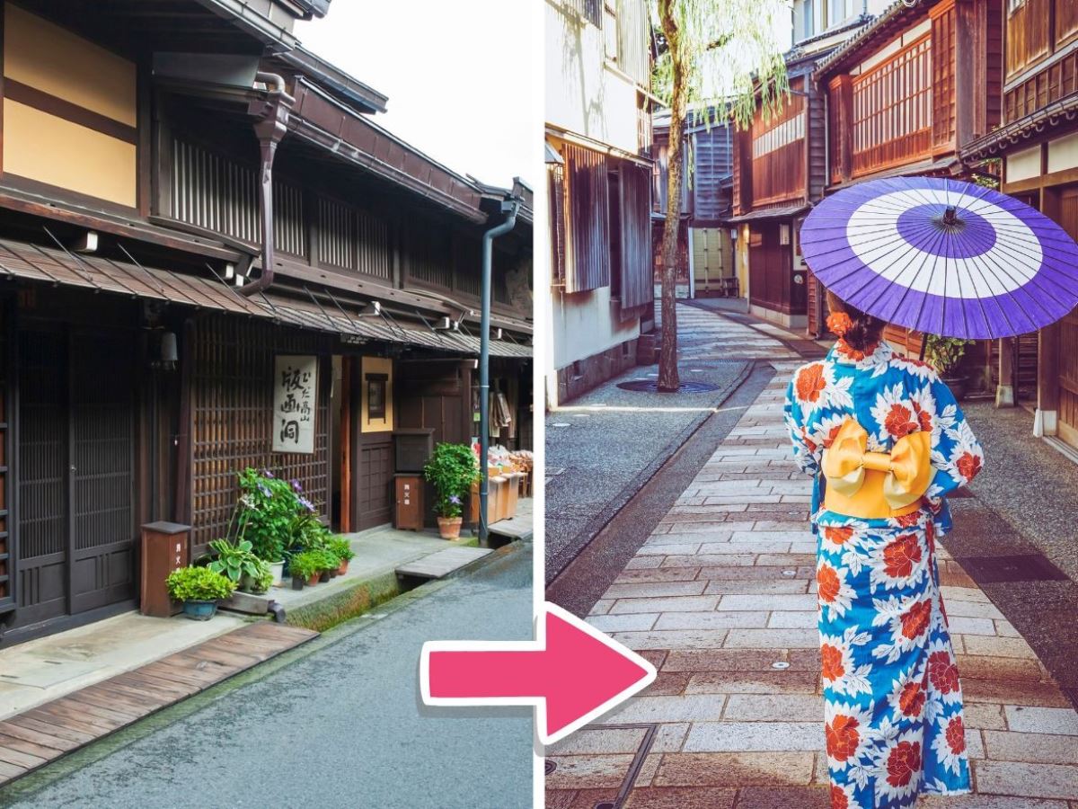 split screen image of Takayama on one side and Kanazawa on the other with an arrow between them