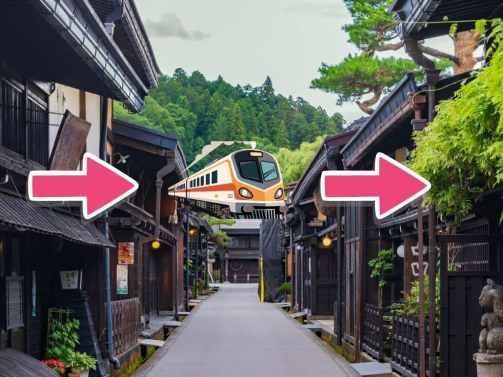 Street in takayama with a cartoon train image on top
