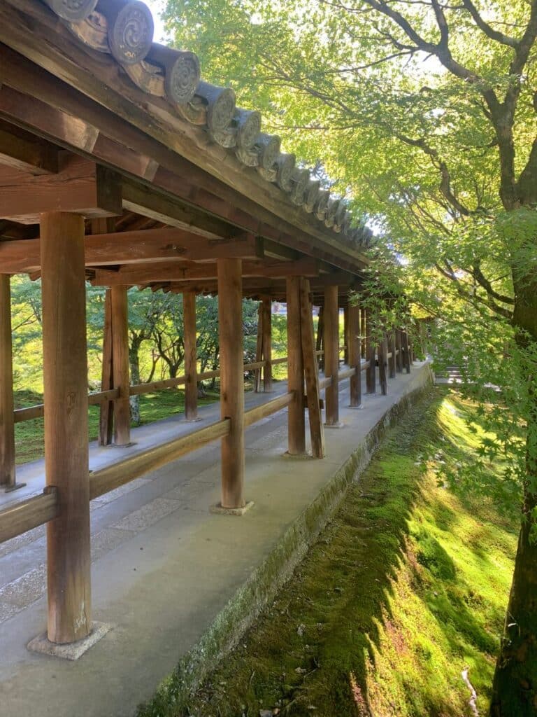 Side view of the bridge showing how long it is - it is held up with wooden column and has a carved roof