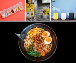 composite image showing things that can be tricky in Japan - like bringing in medicines, navigating stations, dealing with luggage and ordering ramen