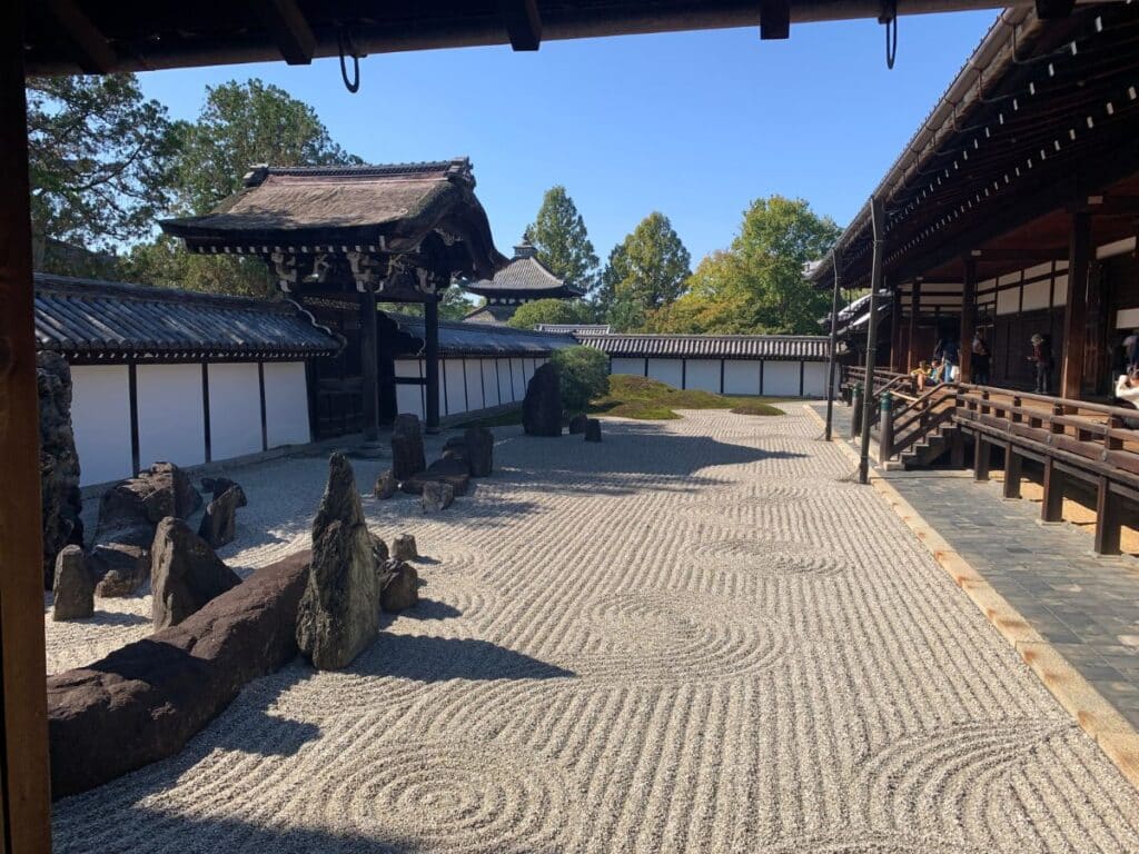 Zen garden in Tofuku-ji Kyoto showing raked sand and stones