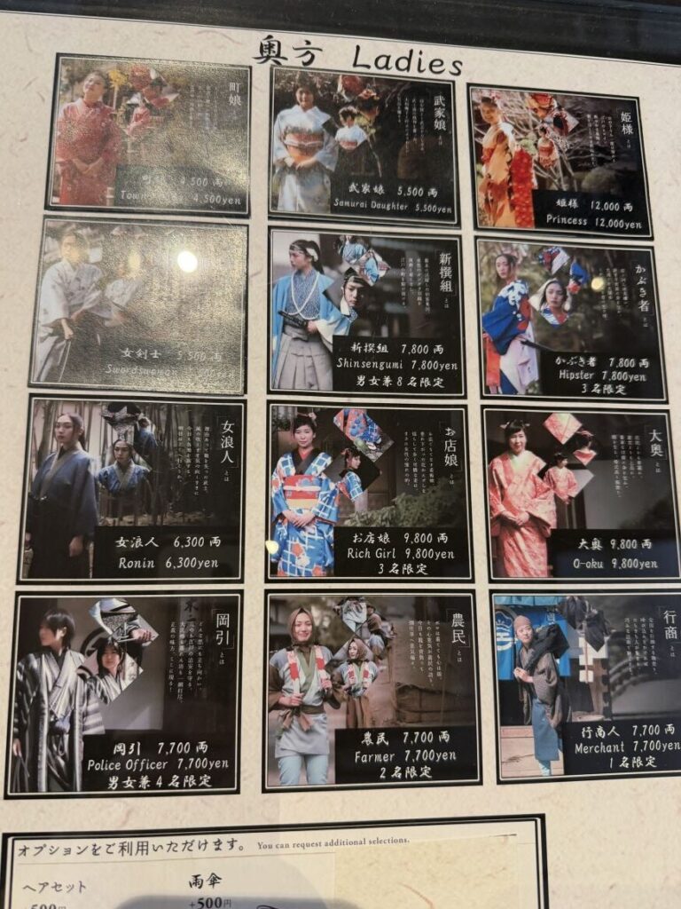 Picture sheet showing the costumes available to wear at Edo Wonderland