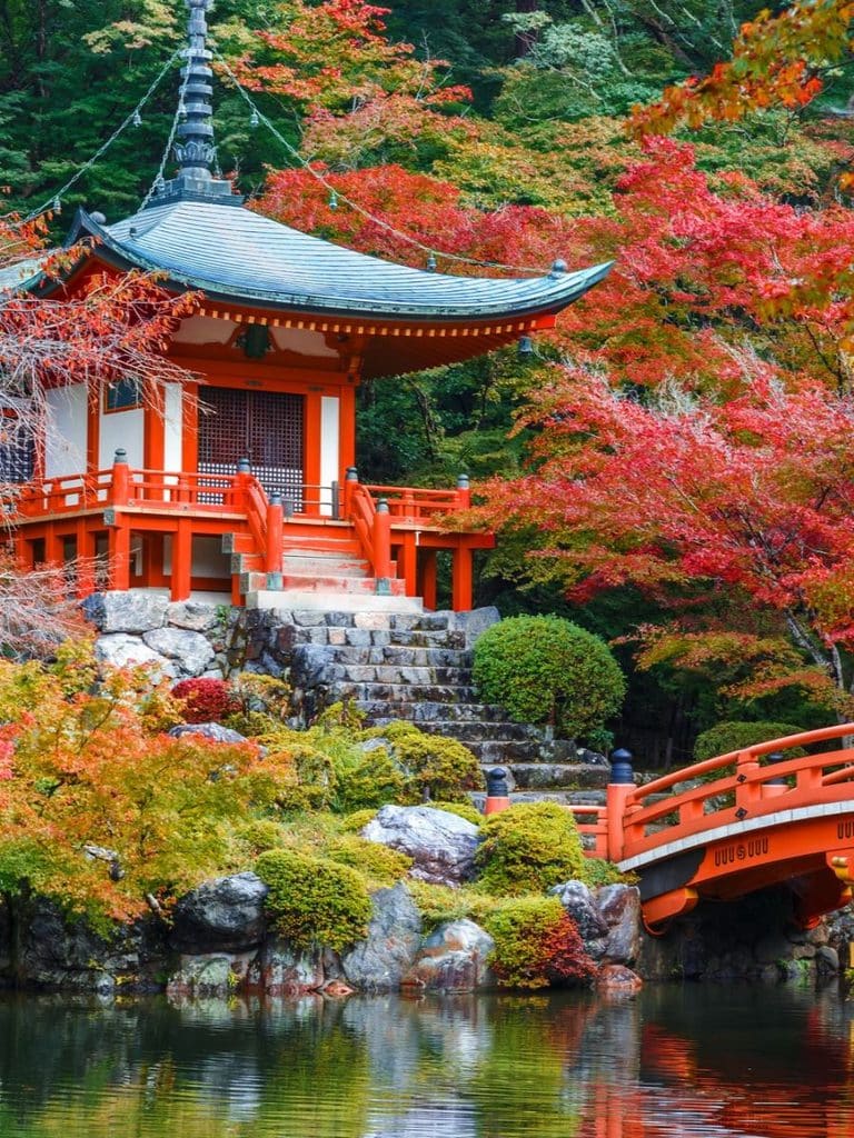 Another view of the pagoda and red bridge surrounded by red leaves in Daigo-ji in Kyoto