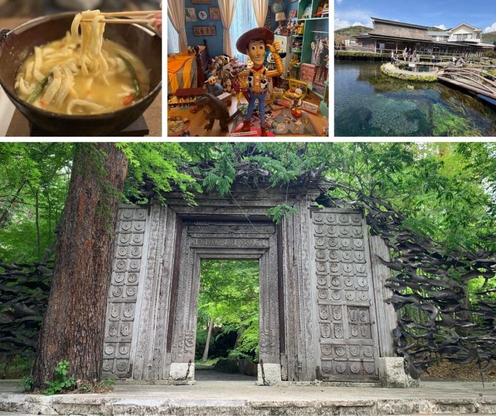 composite image of things to do in Mount Fuji that doesn't involve seeing it - including eating hoto noodle, toy musuem, Oshino Hakkai pools and the amazing ornate gate at the kimono museum