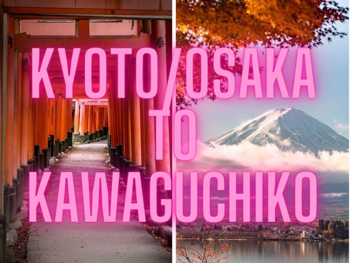 image of fushimi Inari in Kyoto and Mount Fuji - the words Kyoto/Osaka to Kawaguchiko are over the top in pink