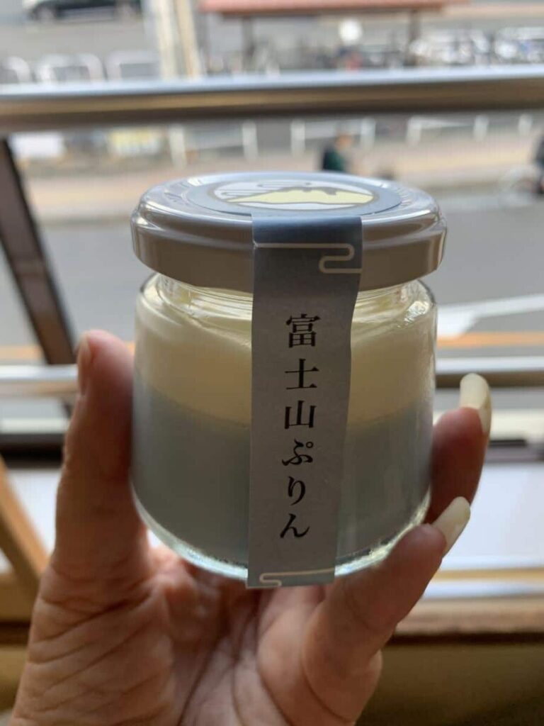 Blue pudding with a white top from a shop in Kawaguchkio.